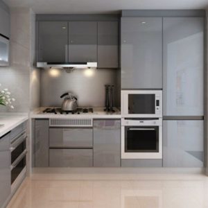 Tủ bếp MDF phủ acrylic màu xám cho chung cư