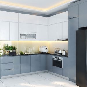 Tủ bếp MDF phủ acrylic màu xanh cho chung cư